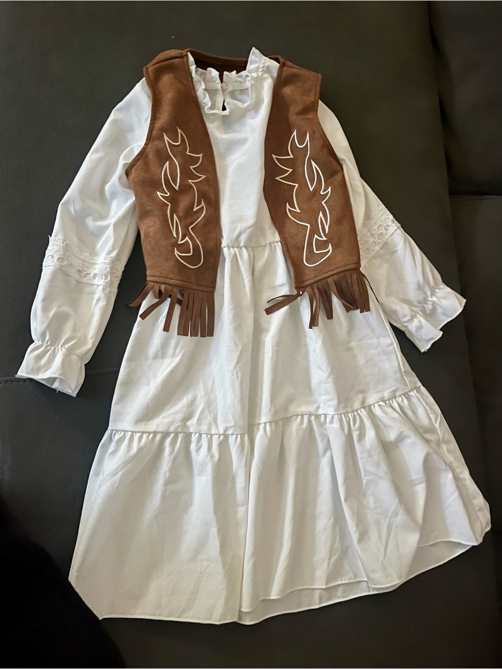Kids White Prairie Dress with Brown Fringe Vest Costume